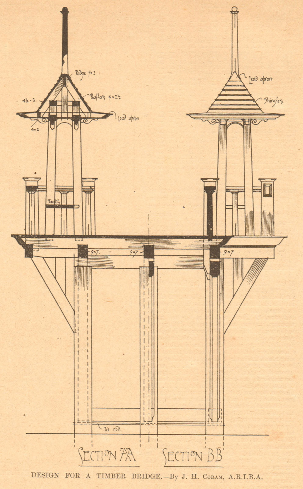 Design for a timber bridge by J.H. Coram, A.R.I.B.A.. Bridges 1901 old print